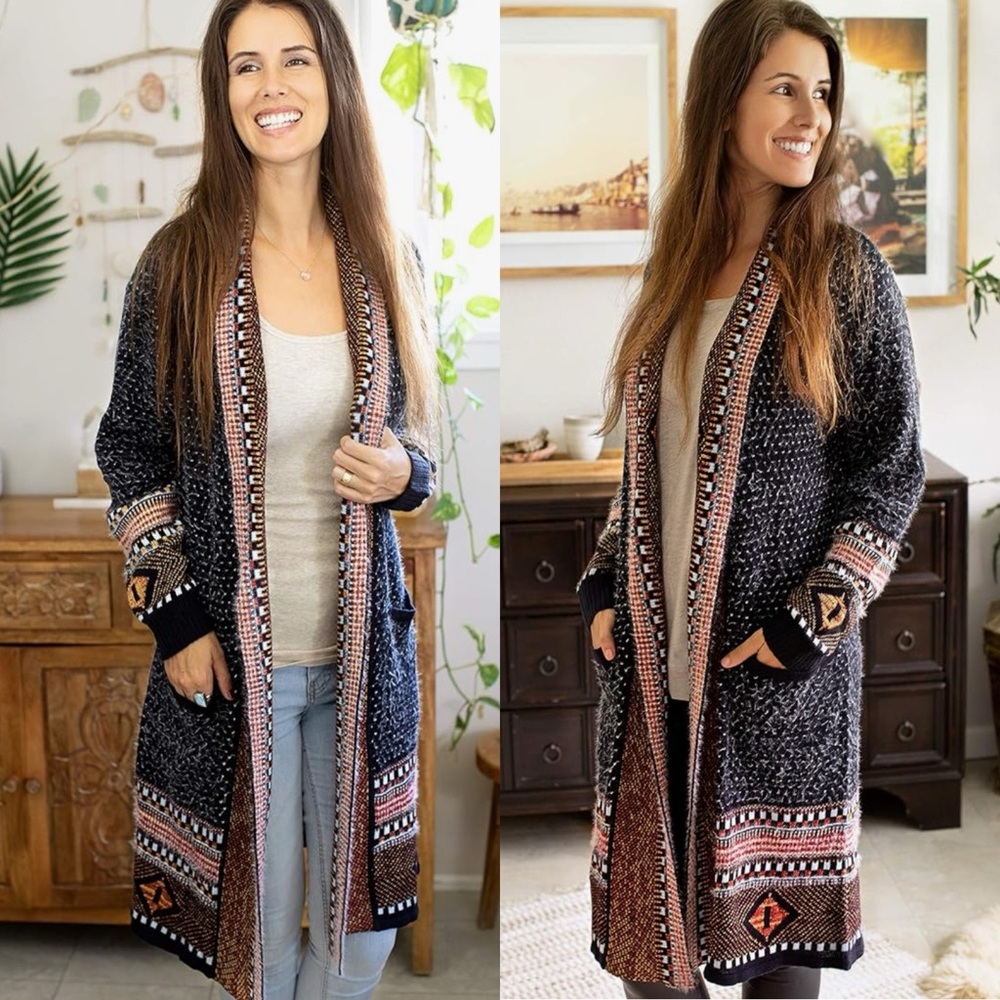 HAPPY TRUNKS Boho Cardigan Open Front Long Maxi Knit Sweater Aztec Tribal S/M